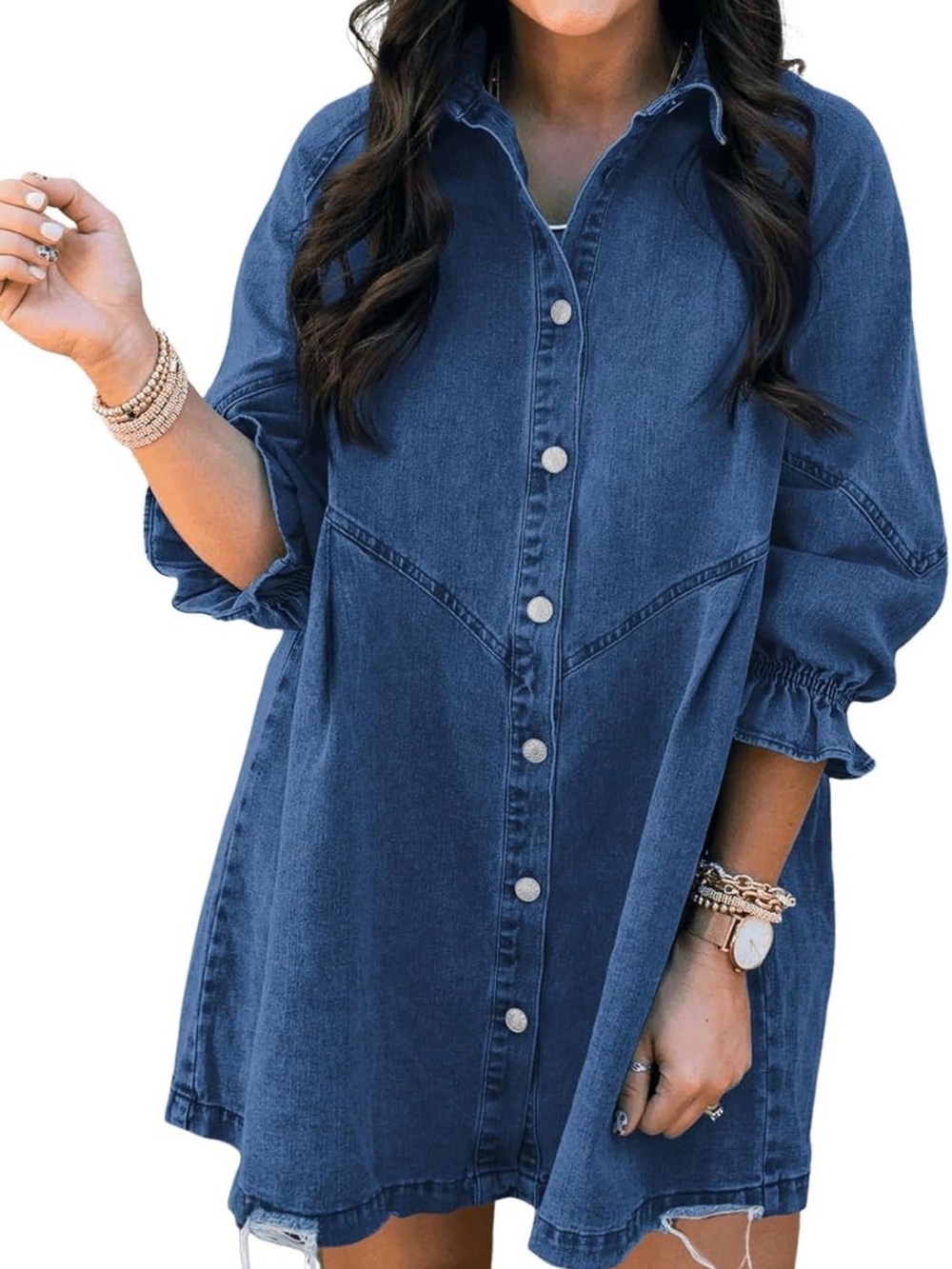 Sidefeel Womens Smocked Button Down Denim Jeans Dress M